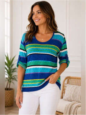 Jones New York Multicolor Striped Scoop Neck Sweater in Blue, Green and Yellow S